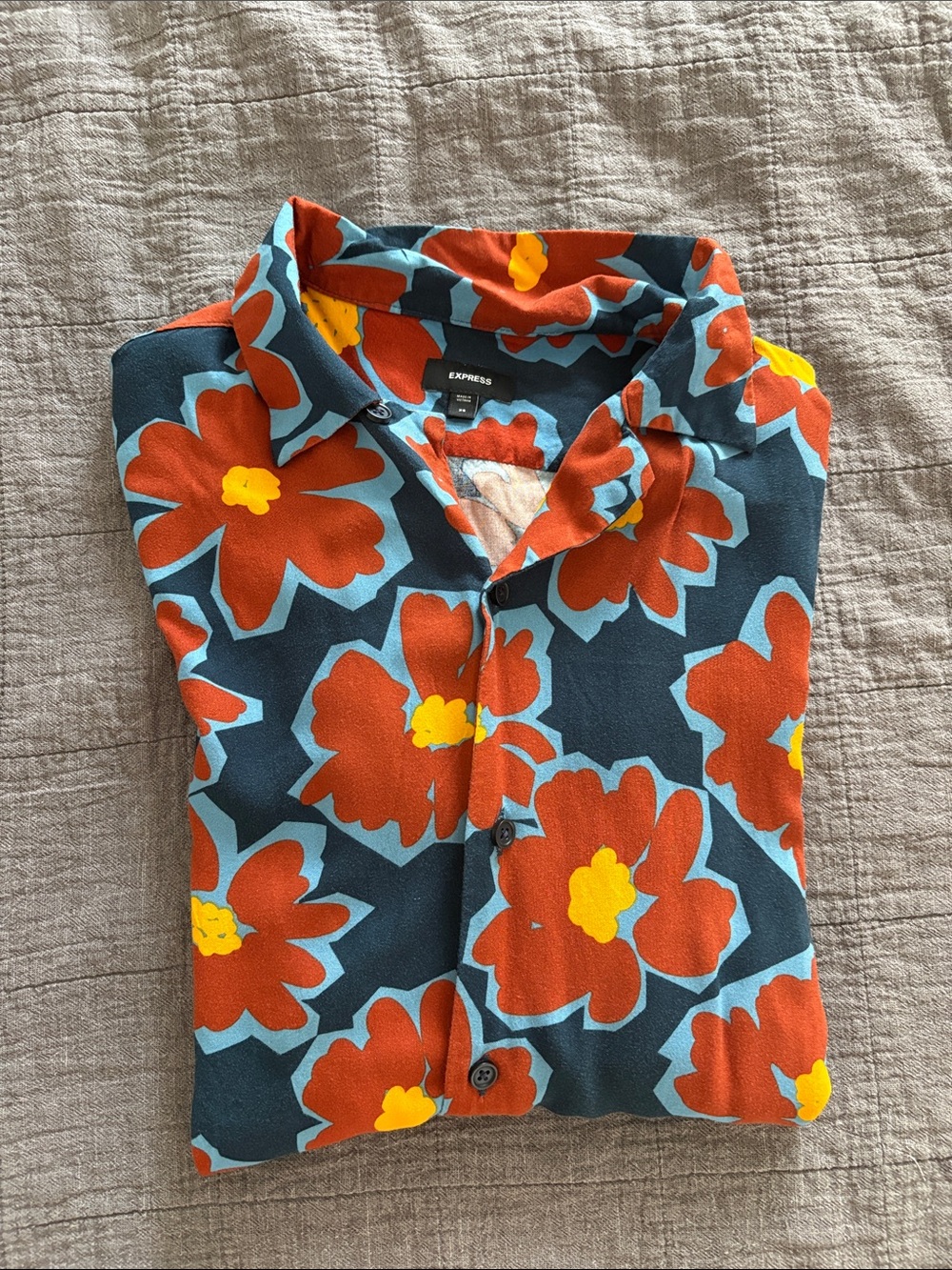 Express Navy Shirt with Rust Red & Yellow Floral Print